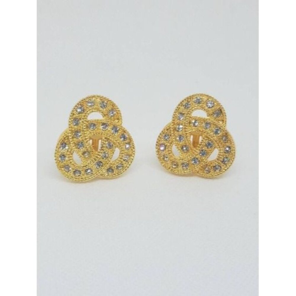 Vintage Avon SP clip on earrings gold‎ tone knots with clear rhinestones